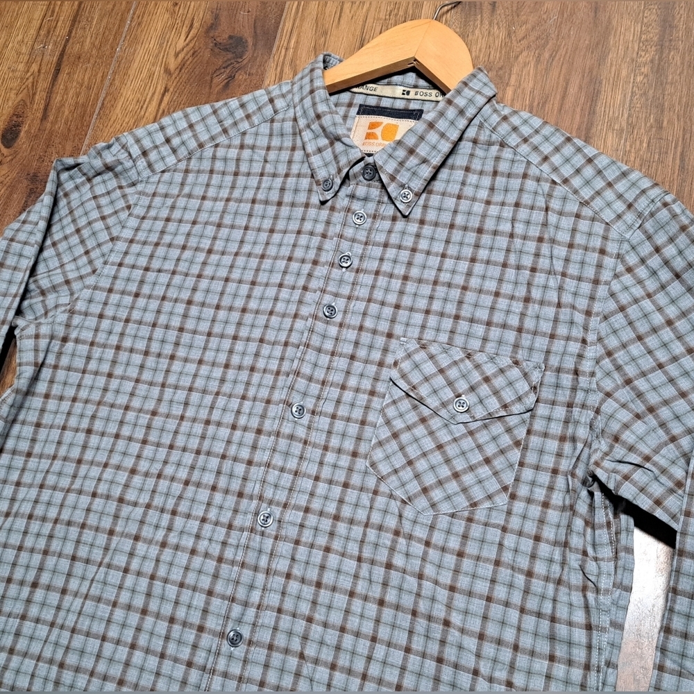 Hugo  Boss Orange Label Men's Button Down Shirt Gray Brown Check Size XL - Picture 4 of 7